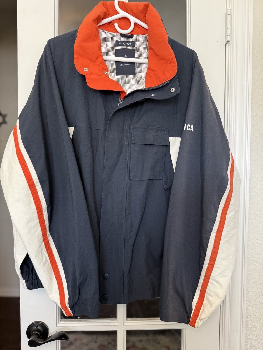 Vintage Y2K Nautica Color Block Striped Hooded Windbreaker Jacket Mens Size XL